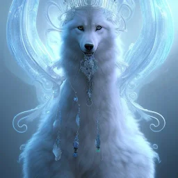 portrait of the most gorgeous, stunning, beautiful ice queen goddess with large wolf, intricate crystal ice crown, 8k resolution, high-quality, fine-detail, ornate, digital art, detailed matte, volumetric lighting, brian froud, howard lyon, selina french, anna dittmann, annie stokes, lisa parker, greg rutowski,