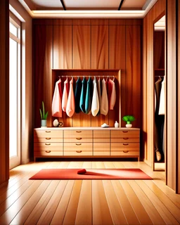 MANDELA STYLE . rendering minimal scandinavian wood walk in closet with wardrobe