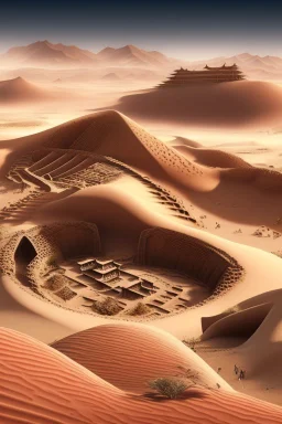 ancient, chinese town, fantasy, desert, dune, sand storm, crater