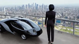 Tall thin woman, with straight black hair, dressed in a camouflaged jumpsuit, looking out from the rear of a futuristic aircar, on a tarmac runway, with a city skyline in the distance