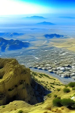Generate a AI Picture of Gawadar Balochistan from top of the mountain PC Hotel and show the Gawadar city