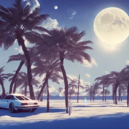 1980's aesthetic vaporwave palm trees with moon with porsche in the winter snow with lightning