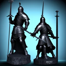 large black stone statue of a knight in a dark dungeon, holding a sword that's pointing up and glowing blue