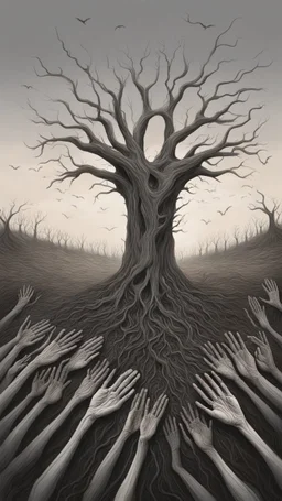 a field of thousands of hands of bodies buried in the ground not visible, horror, hands in different shapes coming out from the ground towards the sky Busch painting style nightmare and thin line draw, a dry tree no leaves only branches