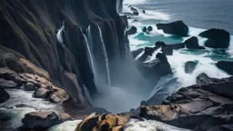 High angle view of dramatic coastal cliffs, towering waterfalls cascading down a dark, striated rock face into a turbulent turquoise and deep blue ocean, crashing waves, overcast sky, bright diffuse light, photorealistic, 8k resolution, highly detailed