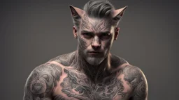 cat man, fine rendering, high detail, 8K, man, tattoos, wool,