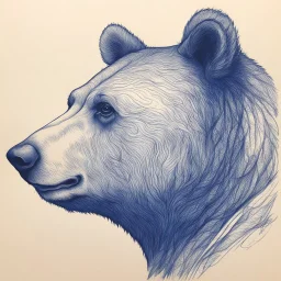 sideview of bear head, extreme low detail sketch with strong contrast, use 70s cartoon style, monochromatic outline stamp technique, indigo ink on creamy paper texture