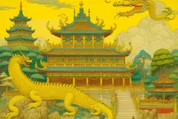 A palace with a yellow thunder dragon on top painted by Qiu Ying