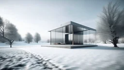 Minimalista, pabellón contemporáneo de hormigón y vidrio en un paisaje nevado, líneas puras, composición geométrica esencial, iluminación difusa, paleta monocromática, atmósfera contemplativa y elegante.