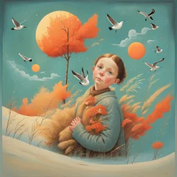 Richly textured Hieronymus Bosch, Catrin Welz-Stein, William Turner, Zdzisław Beksiński, Jacek Yerka oil on canvas zentangle line art style mix, surreal frosted fantasyland winter oceanscape, hoarfrost on trees, high grasses, snow and cottages, withered flowers, pale sunrise; paint splatter, beautiful vibrant colors, reflections, SK, flying seagulls, dramatic clouds, snowfall.