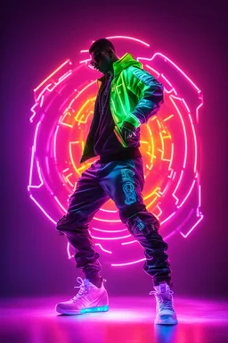 hip hop dancer wearing mechanical,full body,lighting neons colors background