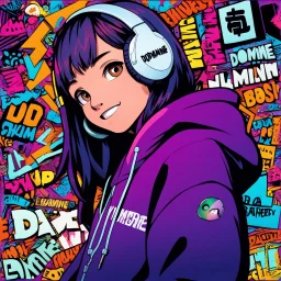 masterpiece, intricate details, a wide angle 2D anime bold line flat color illustration of a cheerful boy in a high purple hoodie and headphones in hip hop style, dopamine style, overlaying mixed patterns of pop art text and emoji device installations, sharp focus, charming character illustration, beautiful vibrant kuler palette gradient