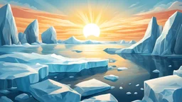 cartoon illustration: nature with icebergs and frozen sea, sun in the sky