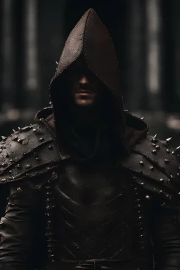 hooded man wearing studded leather armor