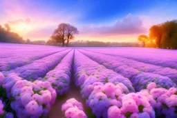 paysage rempli de belles grandes fleurs blanches bleues roses 8k