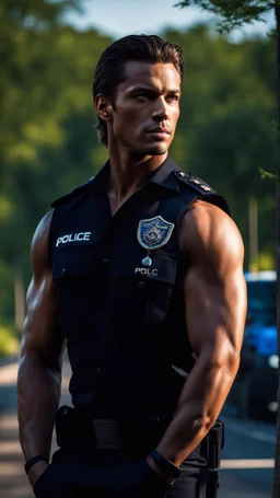 handsome muscular male police officer age 25 with shoulder length hair and a goatee. Standing by the roadside. Trees in the background. Photorealistic. 4K. Dark Romance