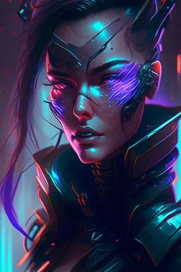 a cyberpunk woman warrior, Intense, Dark, Futuristic, Highly detailed, Digital painting, Artstation, Concept art, Dramatic Lighting, Sharp focus, Illustration, art by lois van baarle and rossdraws and artgerm and sakimichan, augmented reality, holographic interface