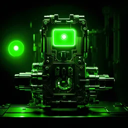 mechanical parts, green lighting, cyberpunk style, black background