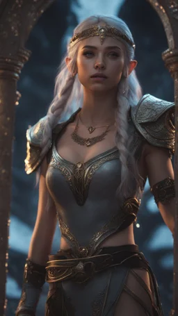 pwesian girl,Elves, pale sunrise, cinematic lighting, battered, low angle, 4k, hyper realistic, focused, extreme details, unreal engine 5, cinematic, masterpiece neon lights reflections, reflection mapping, intricate design and details, dramatic lighting, hyperrealism, photorealistic, cinematic (shot from below) full body