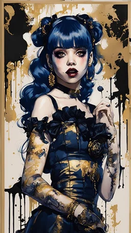 Poster in two gradually, a one side malevolent goth vampire girl face and other side the Singer Melanie Martinez face, full body, painting by Yoji Shinkawa, darkblue and gold tones,