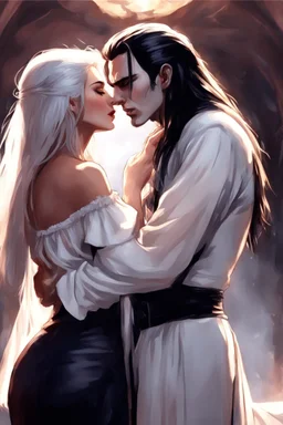 Strahd Von Zarovich being kissed by a beautiful woman with white hair, wearing an off the shoulder dress. Settling and background are a lavish toomb with an ebony coffin.