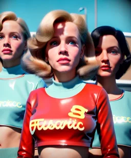 Ultra Realistic retro sci-fi movie Supermarket scene, 1960 year, waist up view portrait, 3 clones blonde women, sweet young Jane Fonda face, perfect iris, glow eyes, face makeup, tight latex coat. Supermarket place with people background, Retro sci-fi style, soft color, highly detailed, unreal engine 5, ray tracing, RTX, lumen lighting, ultra detail, volumetric lighting, 3d, finely drawn, high definition, high resolution.