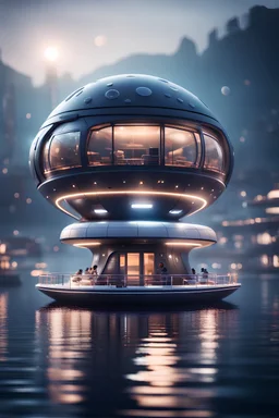 a misty bubble shaped katamaran modular house boat that looks like a dark twisted alien space ship with spotlights, in advanced hi tech dock, bokeh like f/0.8, tilt-shift lens 8k, high detail, smooth render, down-light, unreal engine, prize winning