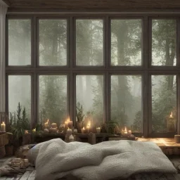 a gorgeous, stunning room facing a huge window with mystical forest view, multiple pillows on rustic wood floor, muted colors, candles, gauzy curtains, plants, tranquil, 8k resolution, high-quality, fine-detail, digital art, detailed matte, volumetric lighting, illustration, 3D octane render, brian froud, howard lyon, selina french, annie stokes, lisa parker, greg rutowski,