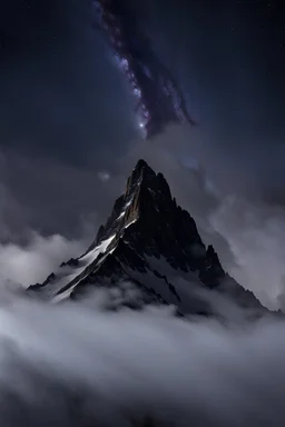 one single mountain sharp face rises out of the mist into the night sky.