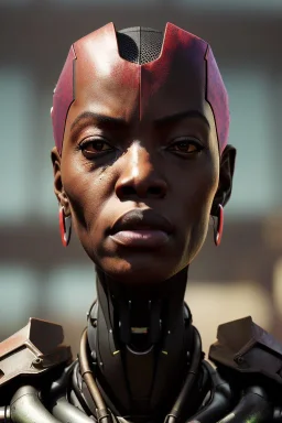 portrait,beautiful african robot, post-apocalyptic in a cyberpunk city, realistic, intriacte detail, sci-fi fantasy style, volumetric lighting, particales,highly detailed,cinamatic, deep colours,8k