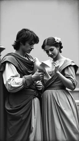 An old picture style of black and white mono very bad quality looks very old camera picture of Romeo and Juliet year holding a white dove 1500 ad