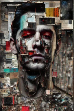 Ultra detailed medium portrait painting of a man, bended and hands in hair, giving up, broken, dark and chaos background,torn up collage of clippings, broken circuitry background, matrix effects, punk visual art, punk art aesthetic, graffiti art, pop surrealism, collage art, cluttered paint glitches