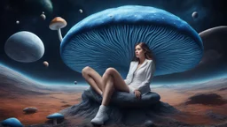 beautiful women sitting with no braa on a big blue mushroom in space, planets at the back ground, hyper realistic.