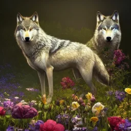 a wolf standing among flowers, sunlit, flickering light, stunning, beautiful, sharp, crisp, 8k resolution, centered, high-quality, ultrafine-detail, digital art, detailed matte, volumetric lighting, illustration, 3D octane render, brian froud, howard lyon, ben goossens, George Grie, alphonse mucha