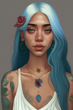 Young woman with big grey eyes, brown skin, rosy cheeks, long silver earrings, really long straight blue hair, round face, slim body, big bobs, green shirt, red flower tattoo on collarbone,