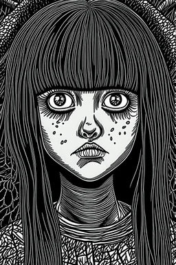 create a horror manga illustration of a dark haired, savage vampire girl with highly detailed , sharply defined feminine facial features, in a chaotic, turbulent, otherworldly London in the manga style of Junji Ito, precisely drawn, inked, with dramatic edges,