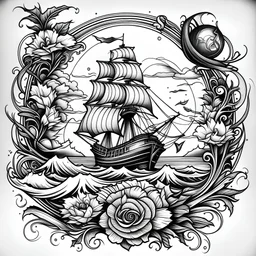 A tattoo for sea lovers. The emblem features a majestic sailing ship with billowing sails, surrounded by crashing waves and seagulls. The background showcases an ocean horizon, a palm tree and in the sky you can see stars and the moon. The tattoo is framed by roses and a skull. Few lines, stylized, sketch, black and white.