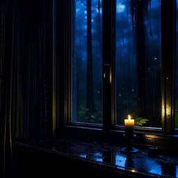 midnight sadness, dark rainy forest through a window, candlelight