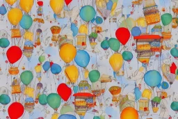 giftwrap pattern with watercolor of hot air balloons, children's book illustration, white parchment paper, wrapping paper, white linen, in the style of e. h. shepard, in the style of classic winnie the pooh