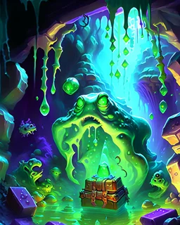 a slimy dripping gelatinous cube in vast dungeon cave room with treasure chests rpg art painterly