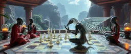 alien levitating yoga monk chess masters playing serious glowing chess on hex map in lounge on beautiful lush planet with huge transparent bird glass alien chess pieces of ships in fountain, also an endless twisted god piece, one of the players is wrestling a piece