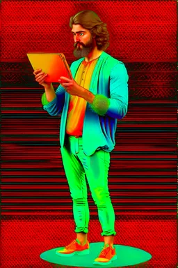 Modern guy, 20s, holding ipad, hand lower, looks like a renaissance painting, facing forward, full body, persian green, right hand pointing down.