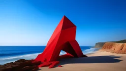 A prominent red V-shaped structure, possibly symbolic or artistic, rises boldly against a serene coastal backdrop. The monolithic figure is richly textured, evoking a feeling of raw, organic materialization, and contrasts markedly with the dull, earthy foreground. This foreground blends into the deep, ultramarine expanse of the ocean, which is placid beneath a softly lit sky. Subtle hints of ambient light create a shimmering effect behind the top of the "T," resembling an ethereal fog or cloud f