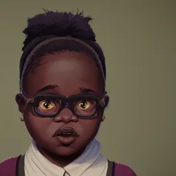 Portrait of a little fat 9 year old African witch kid with bushy hair and glasses by Nick Harris