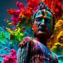 A magnificent statue covered in colourful paint splaters, majestic, highly intricate gigantic derelict statue, Realistic photography, incredibly detailed, ultra high resolution, 8k, complex 3d render, cinema 4d.