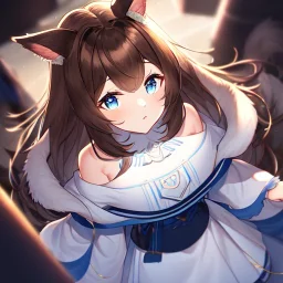 Clear focus, High resolution, Long fluffy brown hair, blue eyes, wearing a white skirt, detailed outfit, wearing a jacket oversized off shoulder, rough line, hair above ears, dog ears, off shoulder white shirt