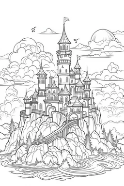 A spooky castle on a hill, surrounded by fog and illuminated by lightning. Outline, sketch style, only use outline, mandala style, clean line art, white background, no shadows, no clear wall, coloring page.