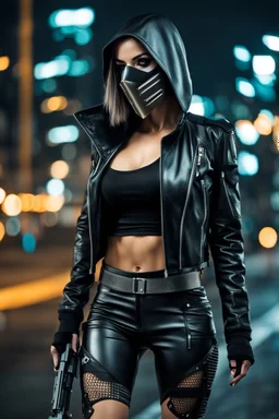 Full body,Half-cyborg sexy female cyberpunk assassin wearing a metal mask, black jacket,walk in night city background