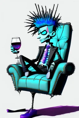 2d drawing of a stickman, cool with punk hair, sitting on lazy boy chair , smart suit, wine in hand,3d realistic in colour