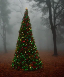 festive Christmas tree in a misty swamp